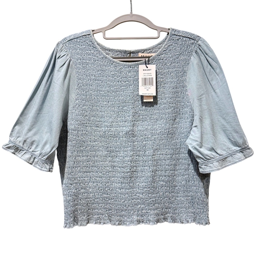 Mauby Womens‎ Smocked Puff Sleeve Blouse Blue Chambray Casual Shirt Top 1X